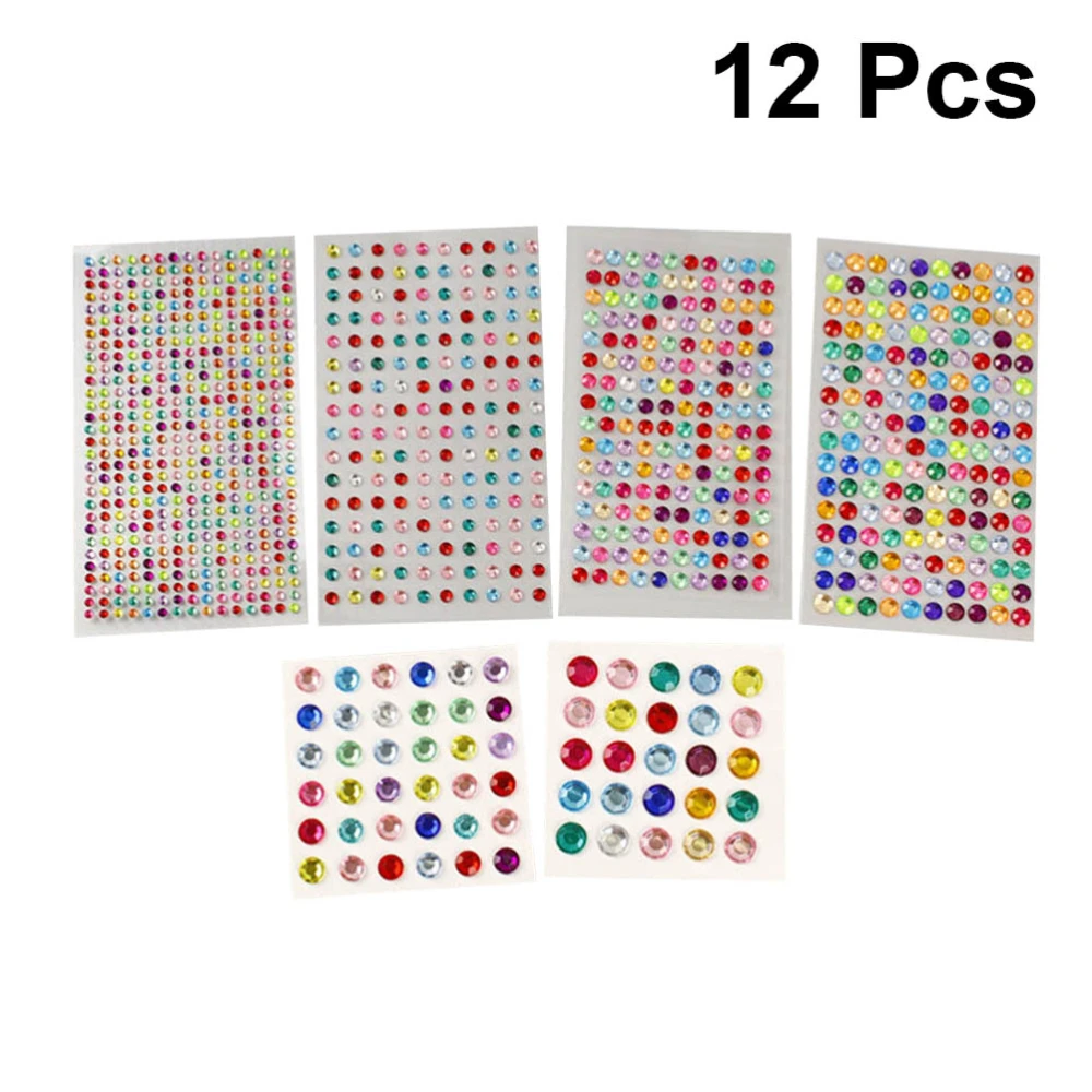 12 Sheets Rhinestone Sticker Decor Round Rhinestone Sticker DIY Crystal Sticker Colorful Stickers