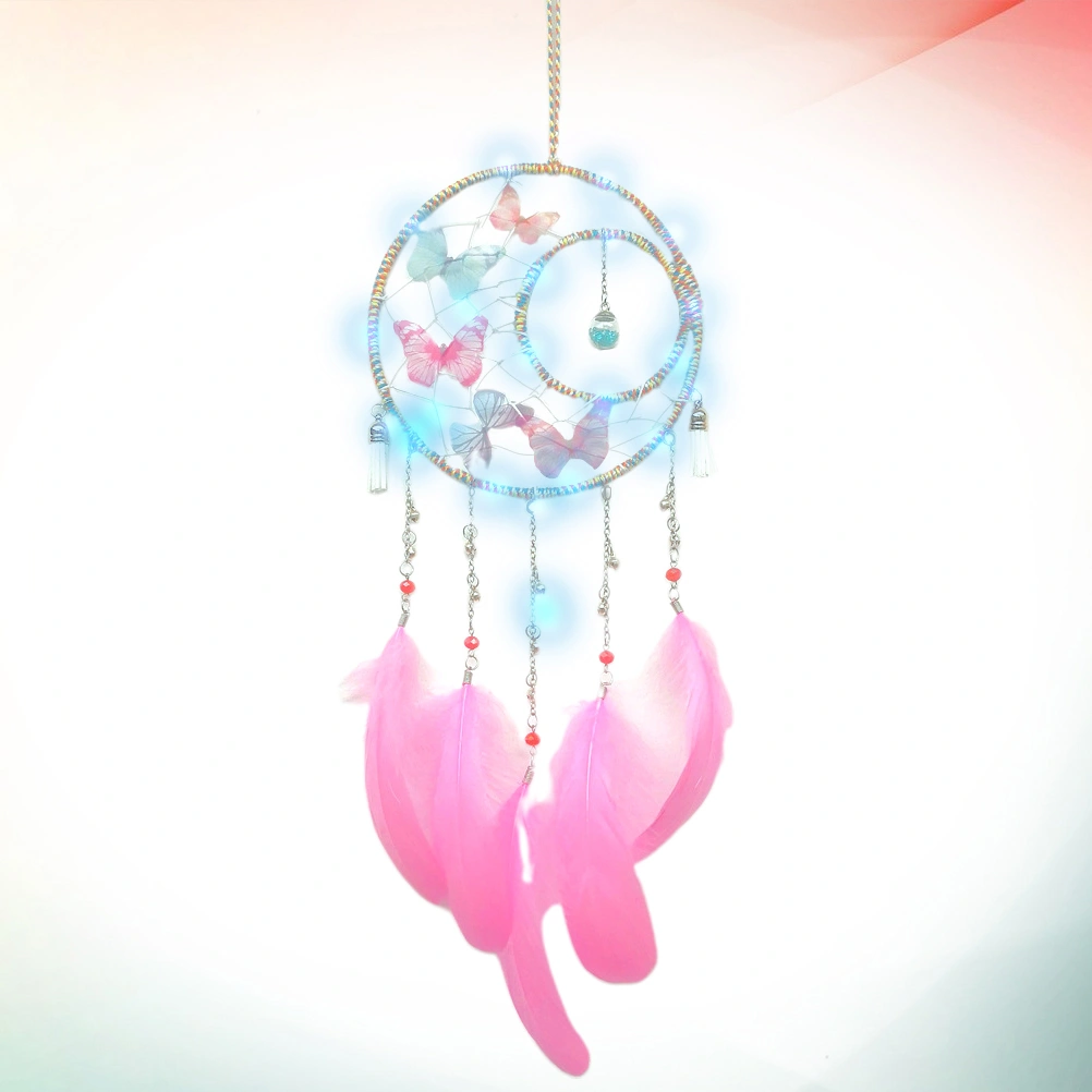 Glass Dream Catcher Feather Pendant for Home Bedroom Living Room Decor (White, Pink With Lamp)