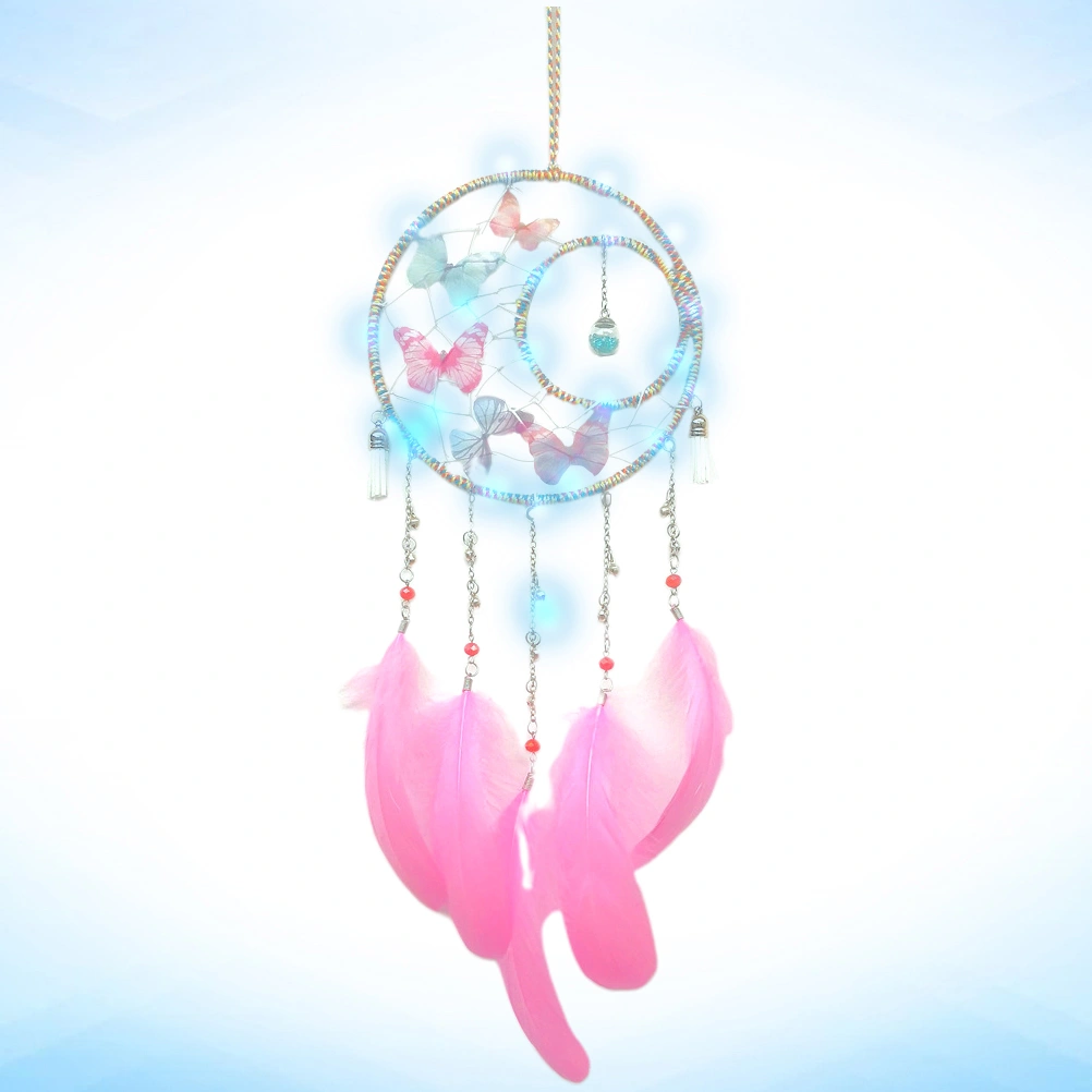 Glass Dream Catcher Feather Pendant for Home Bedroom Living Room Decor (White, Pink With Lamp)