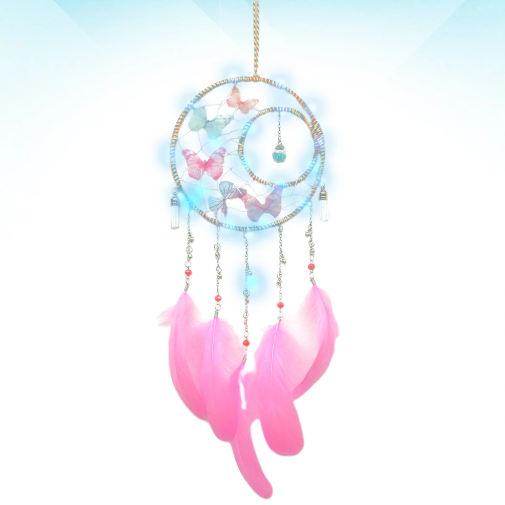 Glass Dream Catcher Feather Pendant for Home Bedroom Living Room Decor (White, Pink With Lamp)