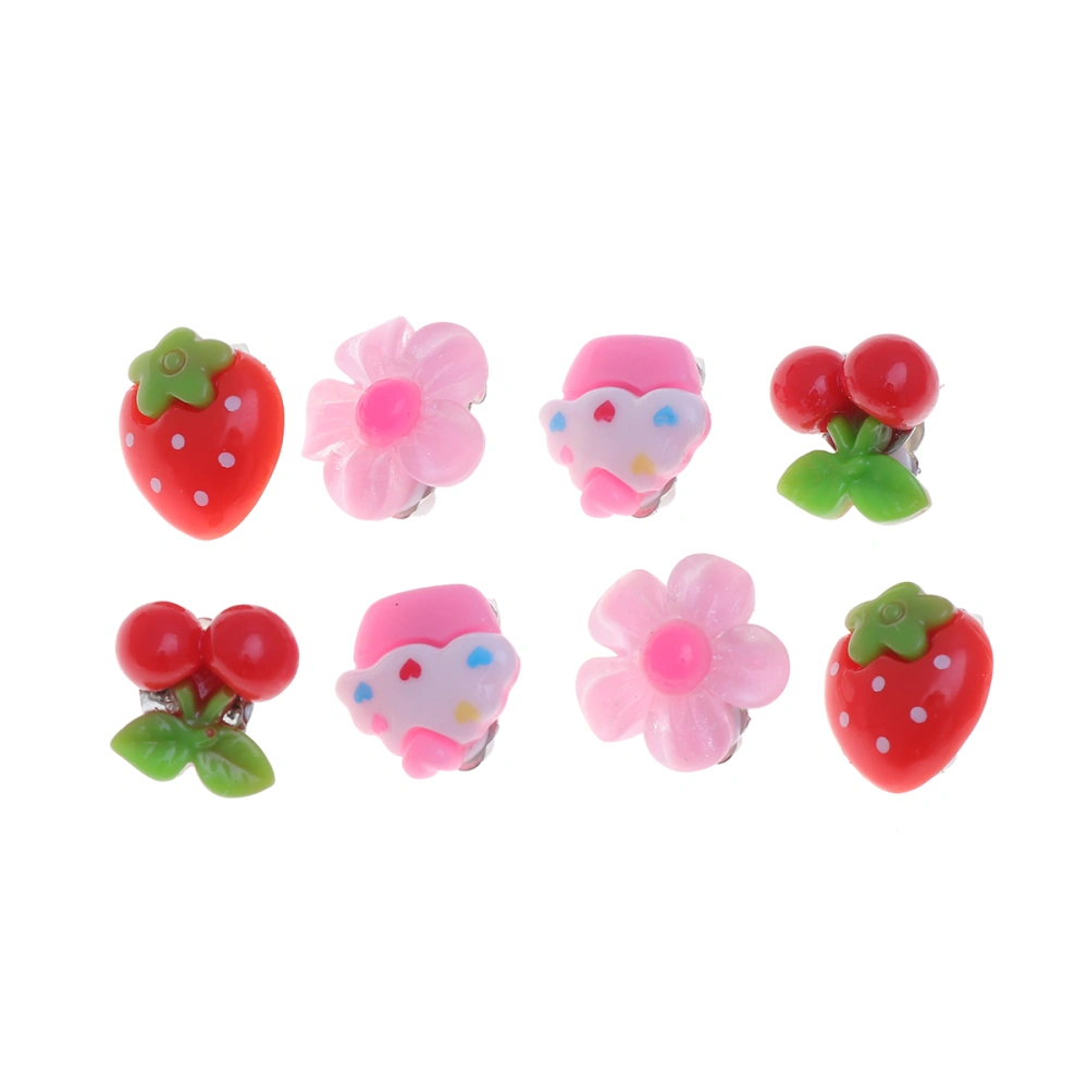 4 Pair of Lovely Kids Clip-on Earrings Girls Play Ear Clip Decorations Party Favors (Strawberry + Cherry + Flower + Ice Cream Each Pair)