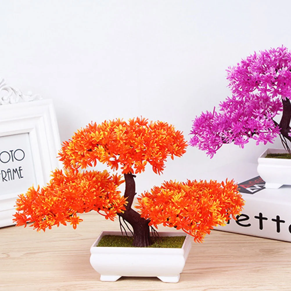 Simulative Plants 3 Fork Greeting Pine Plastic Potted Plant Small Ornaments (Red)