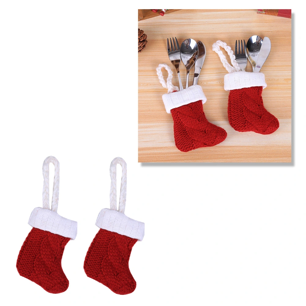 2pcs Christmas Fork Bags Red Knitted Sock Shape Tableware Silverware Holder Household Goods Hotel Supplies