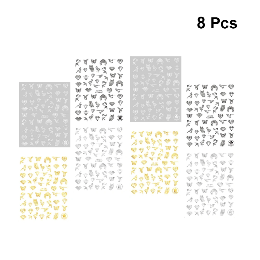 8Pcs 3D Nail Stickers Fashion Nail Art Stickers Self-Adhesive Nail Decals Manicure Stickers (CB-170 Golden Silver Black White for Each 2Pcs)