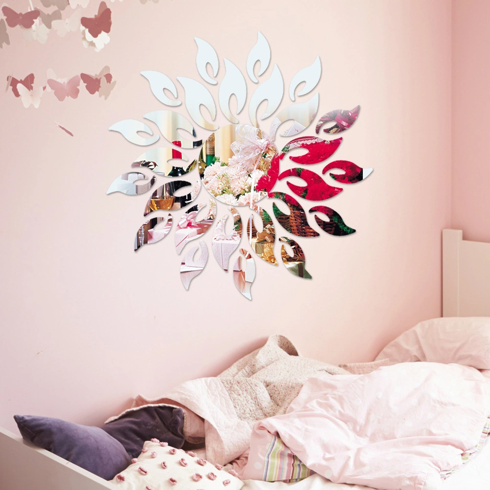 3D Sunflower Acrylic Wall Sticker Removable Mirror Sticker Eco-friendly Wall Decals for Bedroom Living Room Bathroom Decoration (Silver)