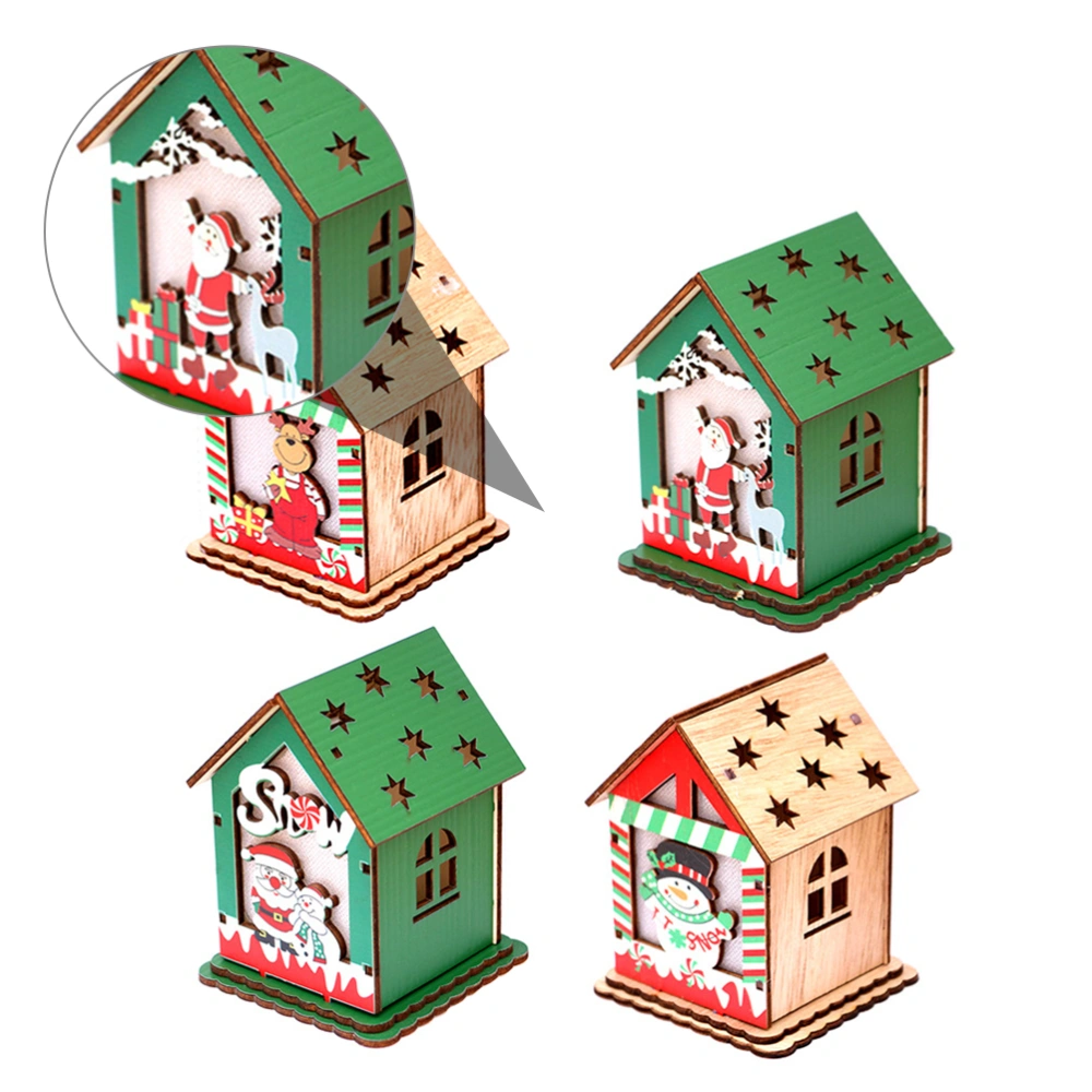 4Pcs DIY Christmas Wooden House Luminous Light Wood House Desktop Decoration