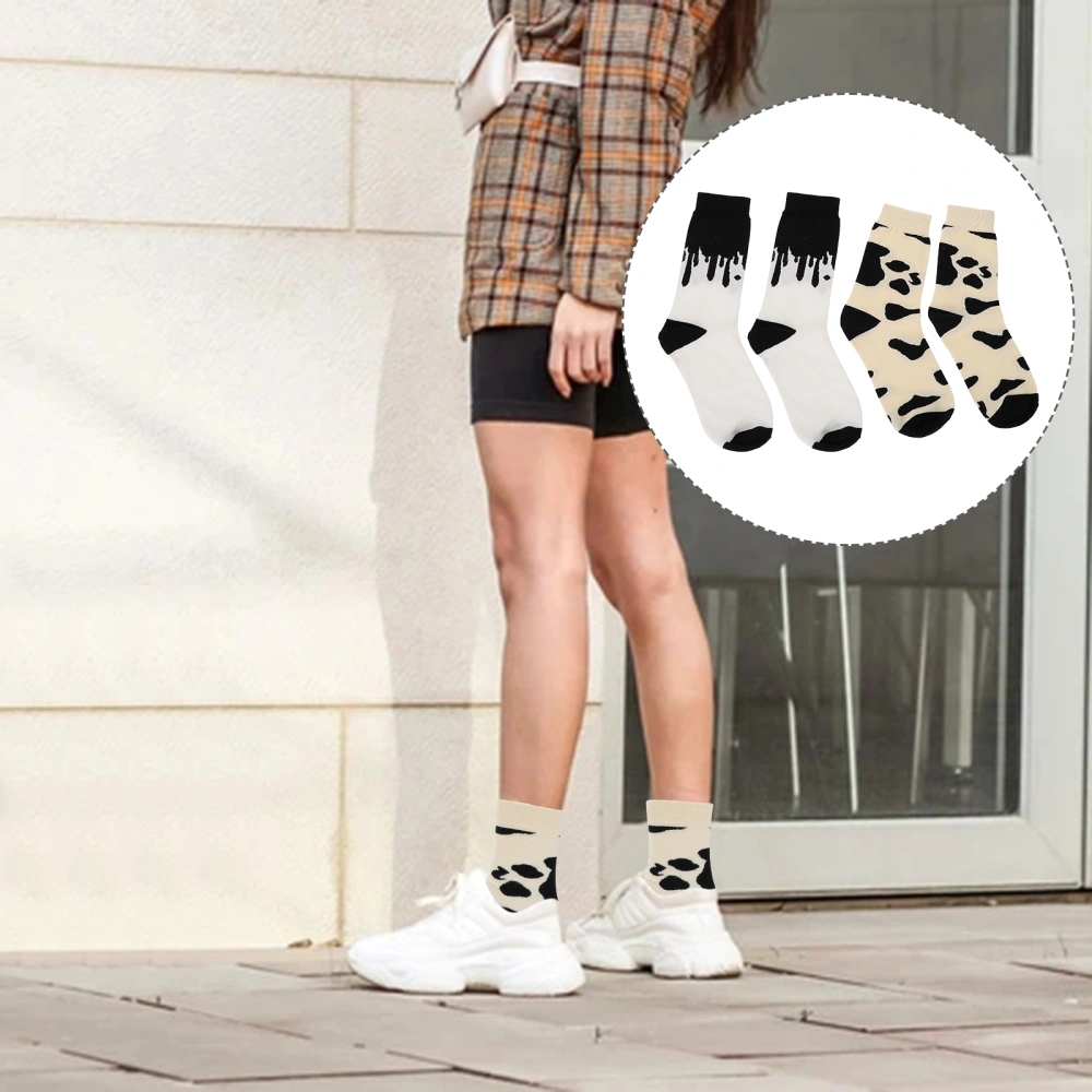 2 Pairs Cartoon Cow Pattern Cotton Socks Middle Calf Length Sock for Women Girls