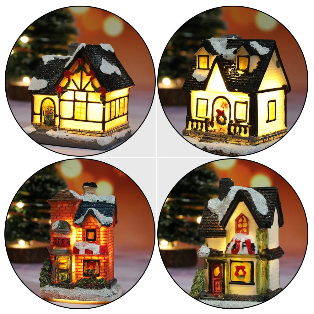 4PCS Xmas Luminous Resin Small House Micro Landscape Xmas Luminous House Decor