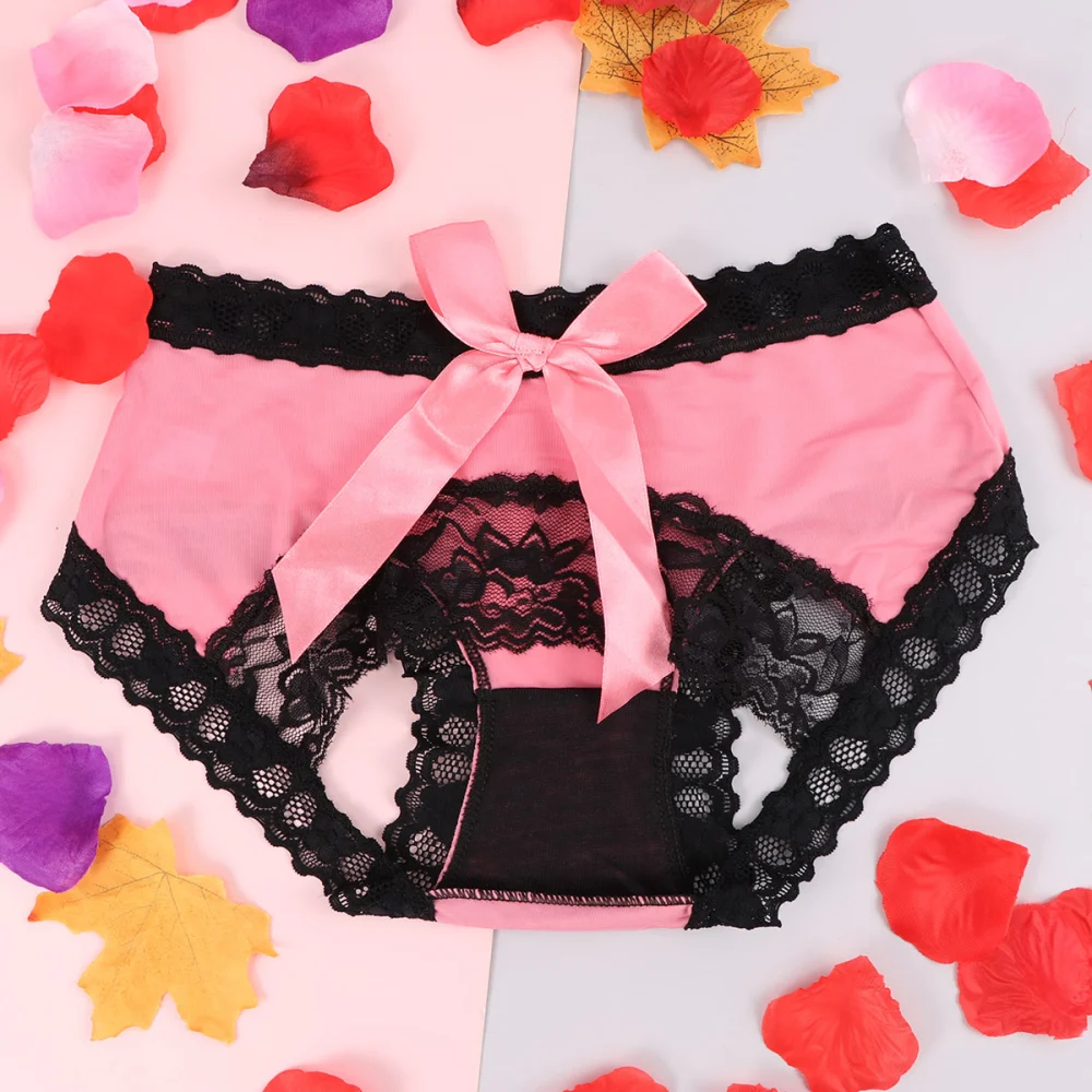 2pcs Women Sexy Brief Lower Waist Bow-knot Female Briefs Erotic Hollow-out Women Underpants for Home (Pink)