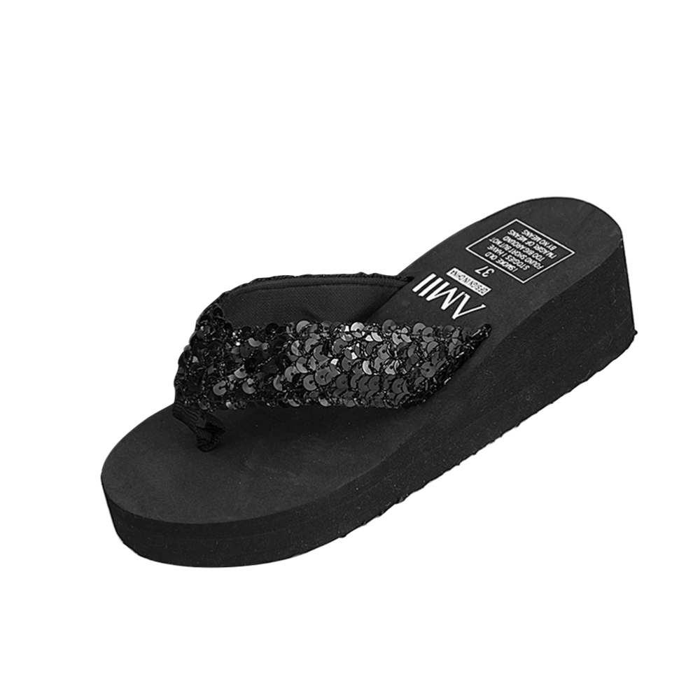 Women's Glitter Platform Sandals Shiny Thong Sandals Non-slip Wedge Heel Flops Size 36 (Black)