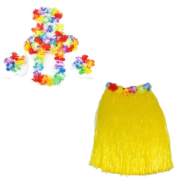 6pcs 40cm Hawaii Tropical Hula Grass Dance Skirt & Bra & Flower Bracelets & Headband & Necklace Set (Yellow)