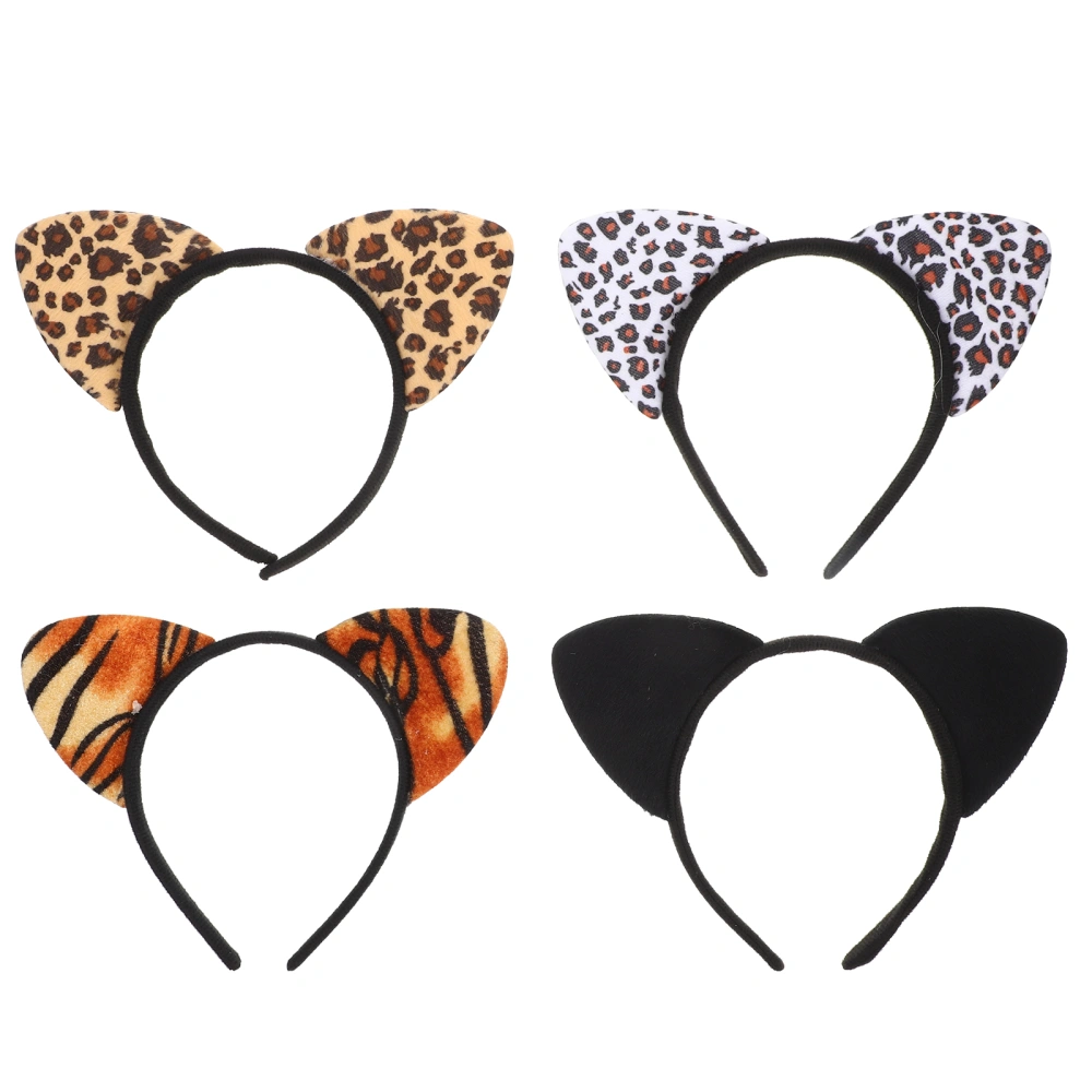 4Pcs Cat Ear Hairbands Leopard-print Hair Hoops Party Headbands Cartoon Hair Bands