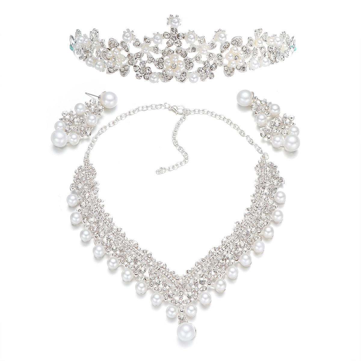 Wedding Pearl Crown Tiara Flower Rhinestone Crystal Neckalce and Earrings Bridal Jewelry Sets