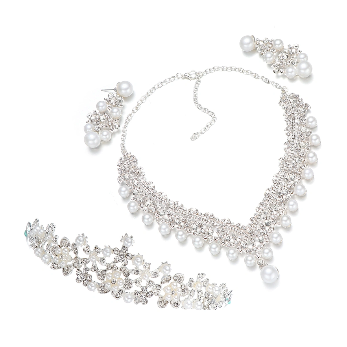 Wedding Pearl Crown Tiara Flower Rhinestone Crystal Neckalce and Earrings Bridal Jewelry Sets