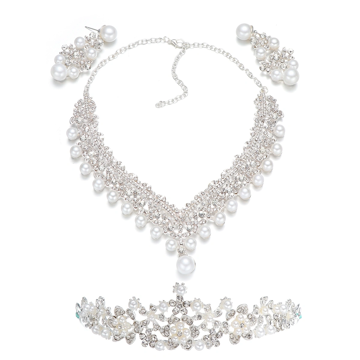 Wedding Pearl Crown Tiara Flower Rhinestone Crystal Neckalce and Earrings Bridal Jewelry Sets