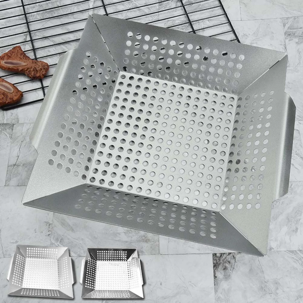 403 Stainless Steel Barbecue Basket with Leaking Plate BBQ Drainer Multifunctional Drying Plate Fried Chicken Plates (Silver)