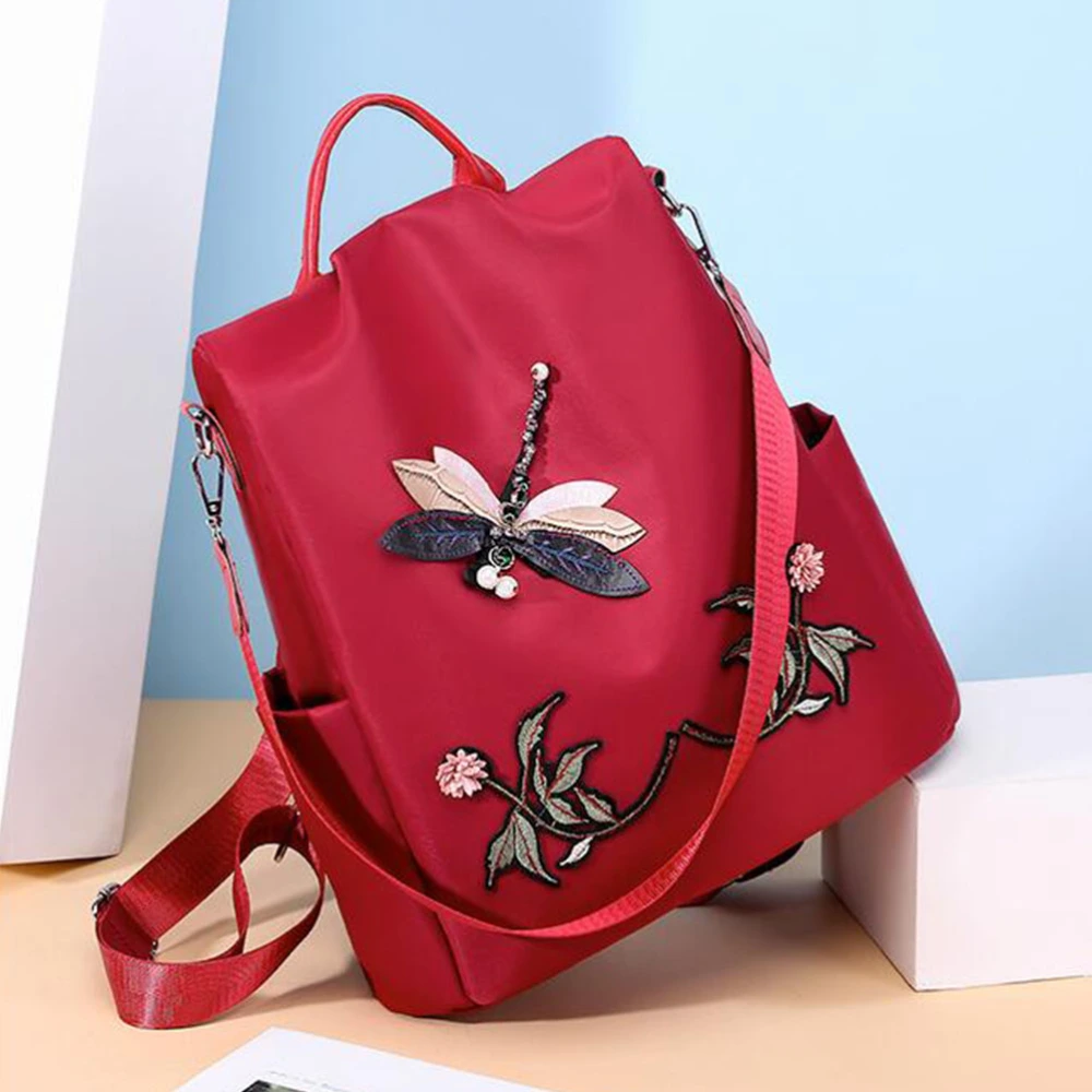 1PC 3D Embroidered Backpack Dragonfly Rhinestone Shoulder Bag Anti-Theft Bag for Outdoor School Travel (Red)