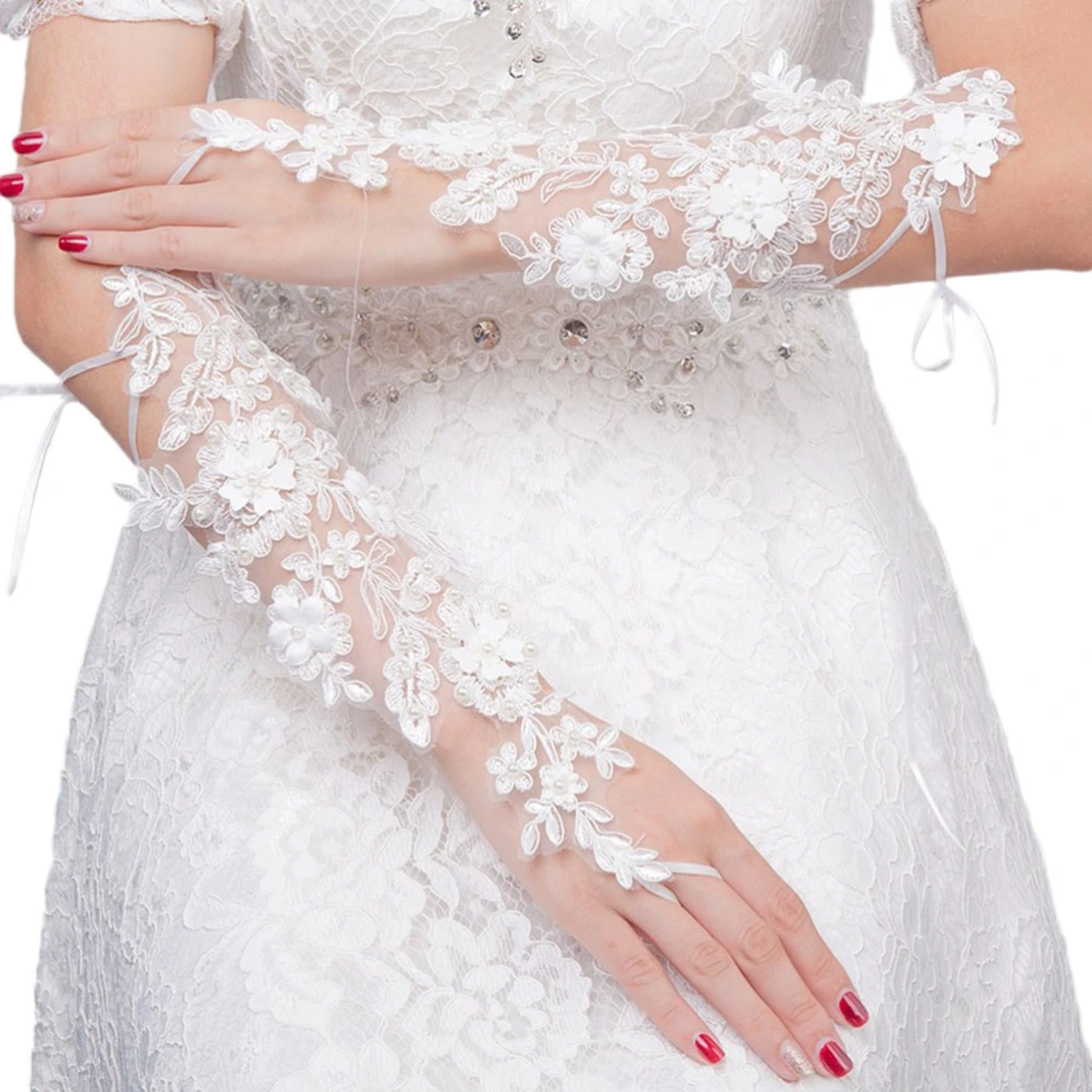 1 Pair Fashion Bride Lace Embroider Flower Dew Finger Gloves Hollow Out Diamond Bandage Gloves Wedding Dress Accessories ST2022 (White)