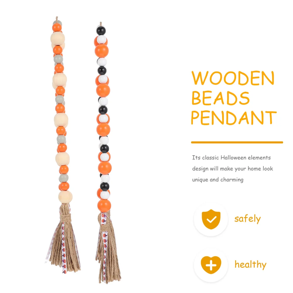 2PCS Halloween DIY Wood Beaded Tassel Pendant Hemp Rope Tassel Beaded Pendant