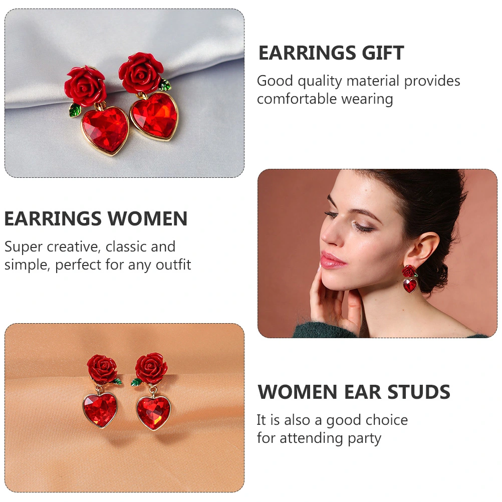 2 Pairs of Love Heart Shape Earrings Fashion Flower Ear Studs Party Ear Jewelry