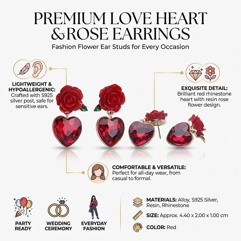 2 Pairs of Love Heart Shape Earrings Fashion Flower Ear Studs Party Ear Jewelry