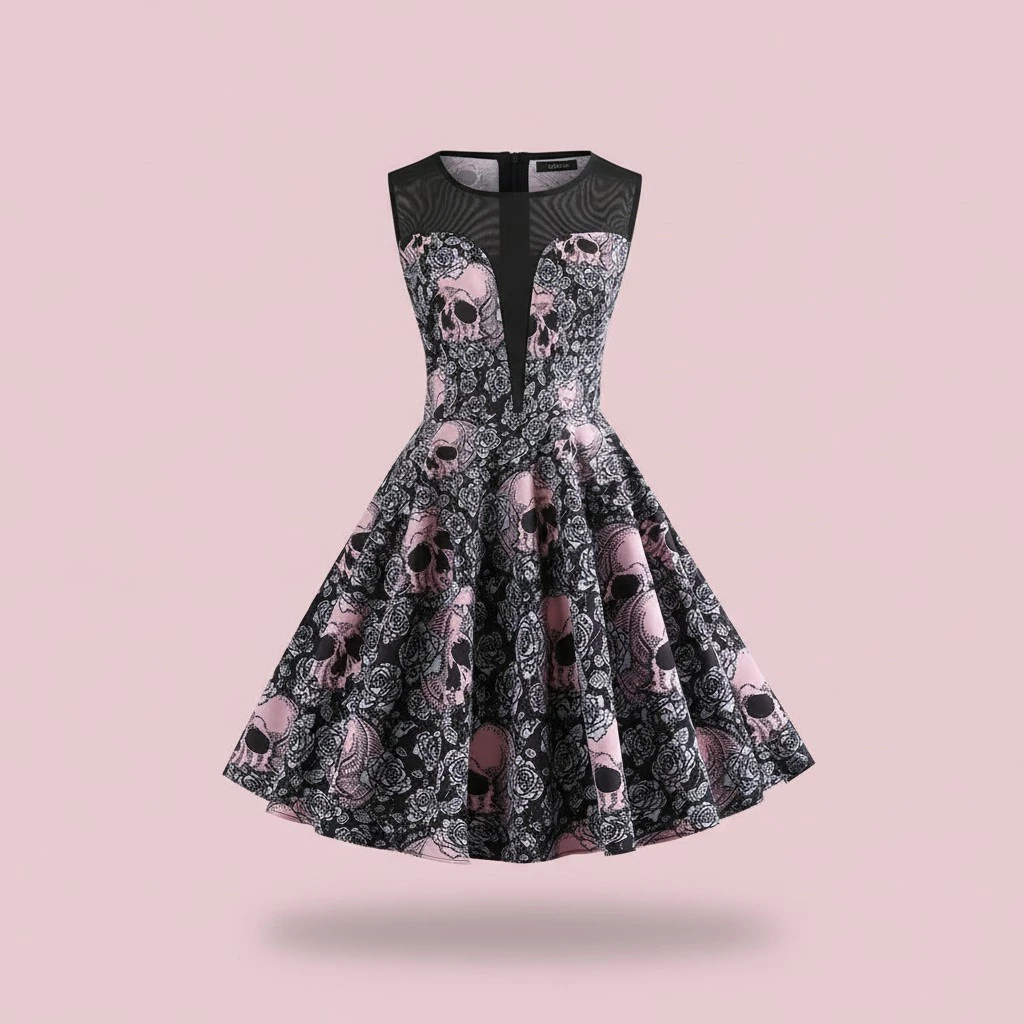 1Pc Vintage Dress Halloween Dress Party Skirt Skeleton-Print Dress Women Skirt