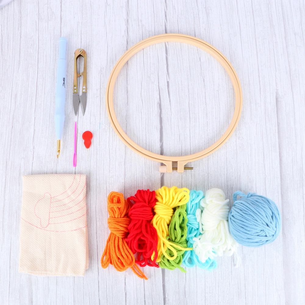 1 Set DIY Punch Embroidery Tools 20cm Round Embroidery Base Cloth Scissor Wools Thread Accessories Embroidery Art Craft for Kids Home (Small Rainbow Style)