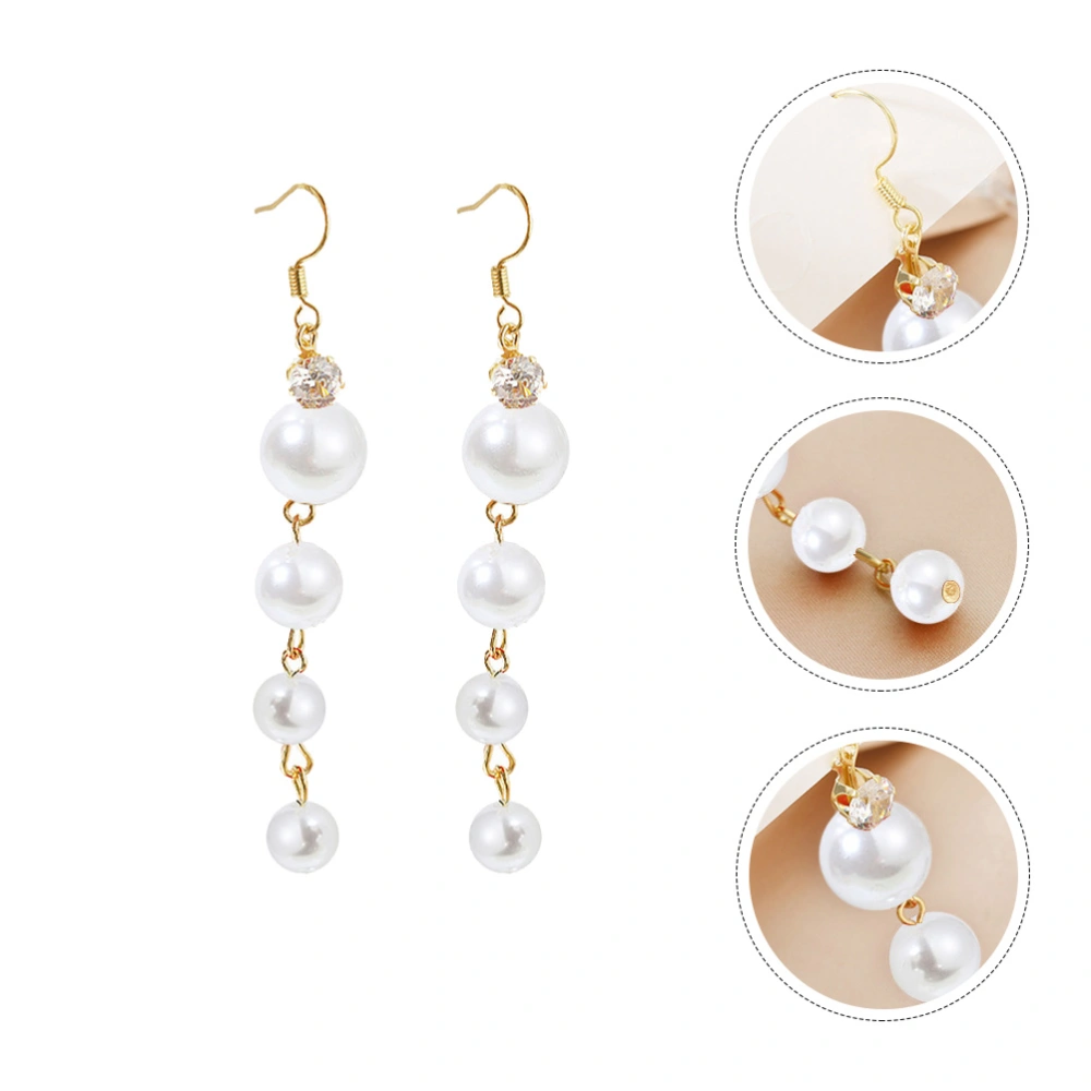 1 Pair Long Style Pearl Lady Earrings Stylish All-match Pearl Ear Rings (White)