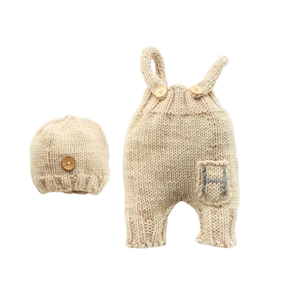 Woven Suspender Pant with Hat Infant Photography Props Baby Adorable Costume Pants (Beige, 0-3 Months)