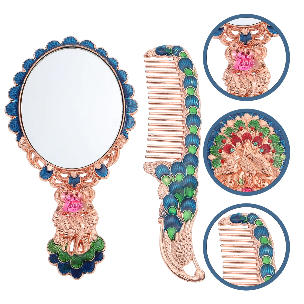 1 Set of Handhold Vintage Makeup Mirrors Peacocks Pattern Comb Elegant Mirrors