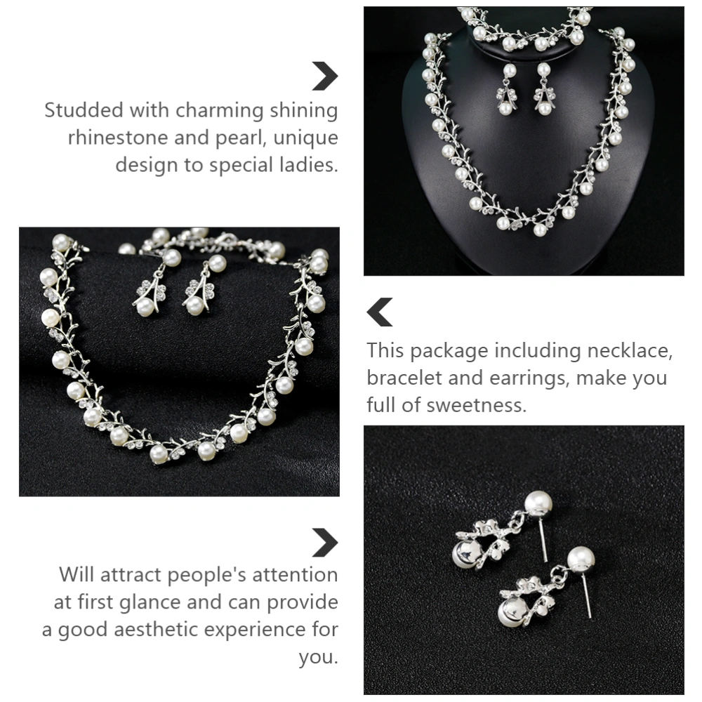 1 Set Wedding Jewelry Set Rhinestone Necklace Crystal Earrings Pearl Bracelet