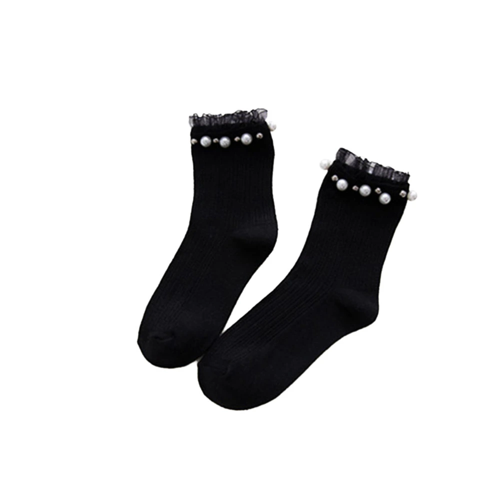 1 Pair Medium Tube Cotton Stocking Japanese Lace Pearl Socks Pile Socks Lady Socks for Student Girl (Black)