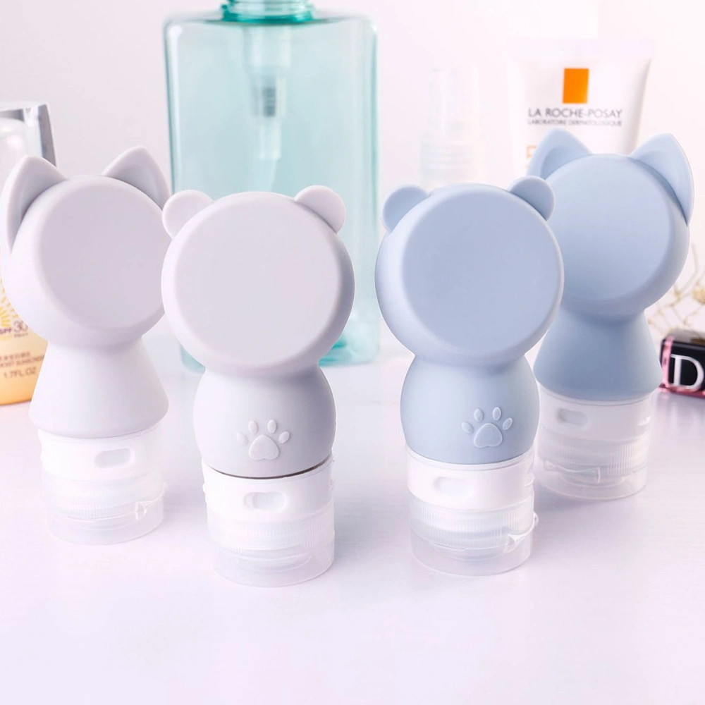 4pcs 60ml Cartoon Cat Bear Design Lotion Bottles Containers Toiletry Bottles Refillable Shampoo Container Liquid Bottle for Travel Outdoor (Cat Shape-Greyish White, Grey Blue, Bear Shape-Greyish White, Grey Blue)