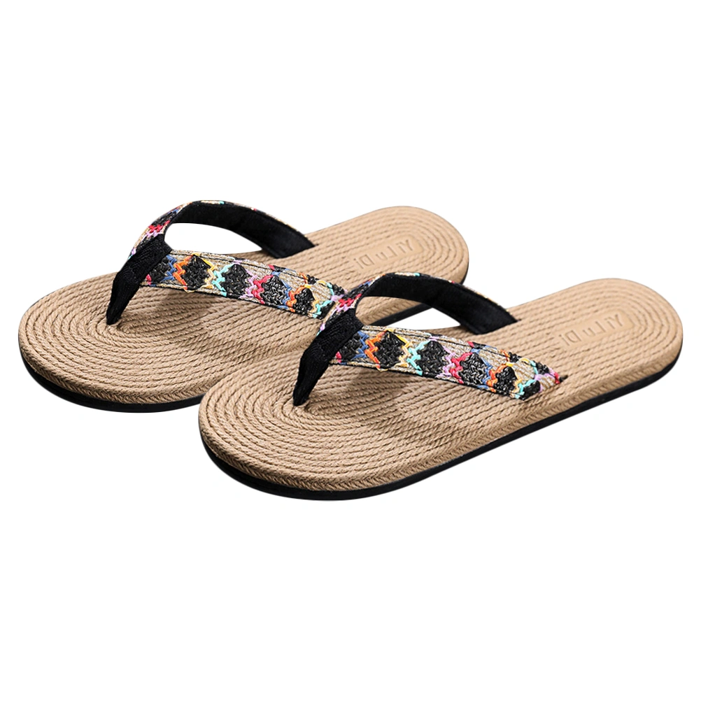 1 Pair Summer Flat Bottom Slippers Outdoor Beach Flip-flops Simulated Straw Woven Slippers Stylish Seaside Cooling Shoes for Women (Black Size 37 6US, 3.5UK, 36.5EU, 9.039 Inch)