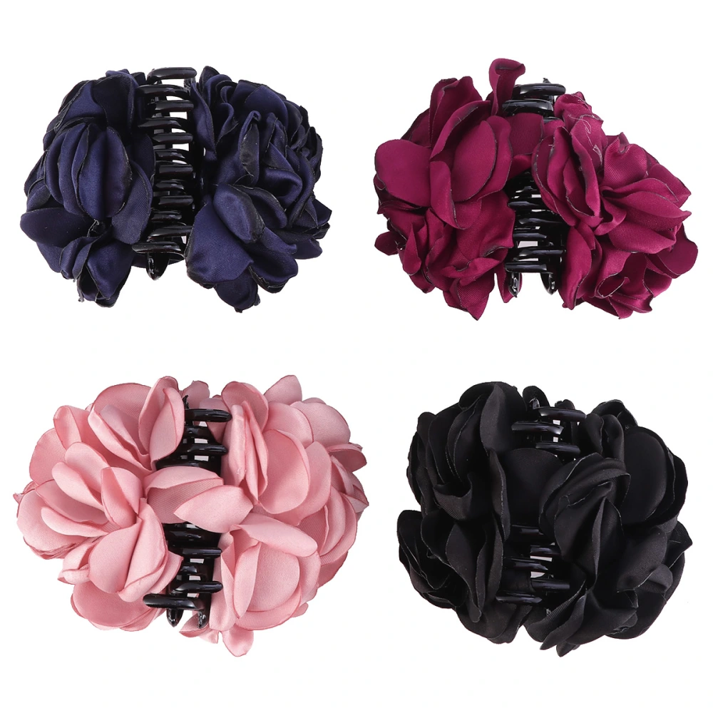 4pcs Large Hair Clips Fabrics Rose Flower Bow Jaw Clip Barrette Hair Claws for Women Lady (Wine Red + Black + Navy + Pink)