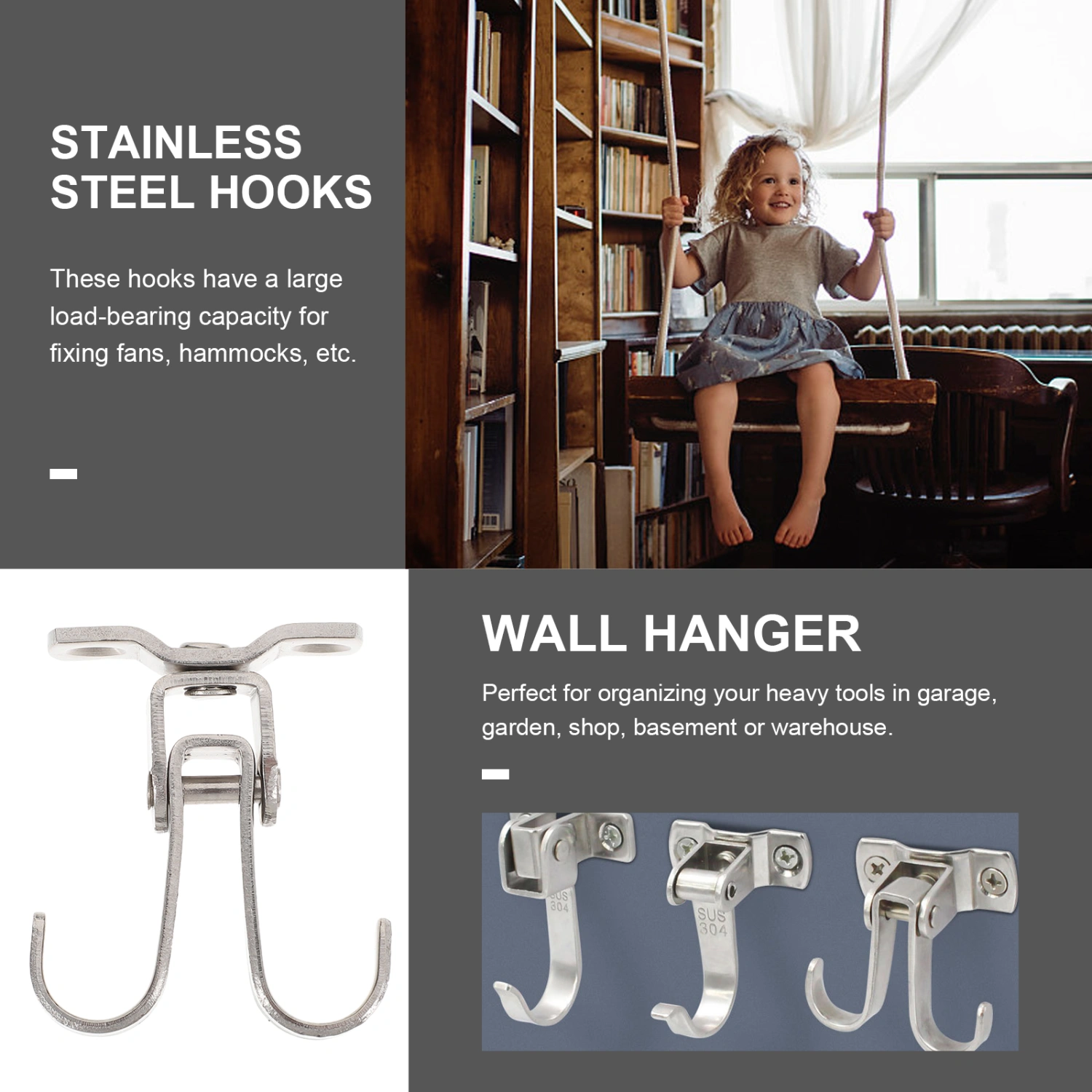 1 Set Practical Stainless Steel Ceiling Hooks Wall Hooks with Screws (Silver)