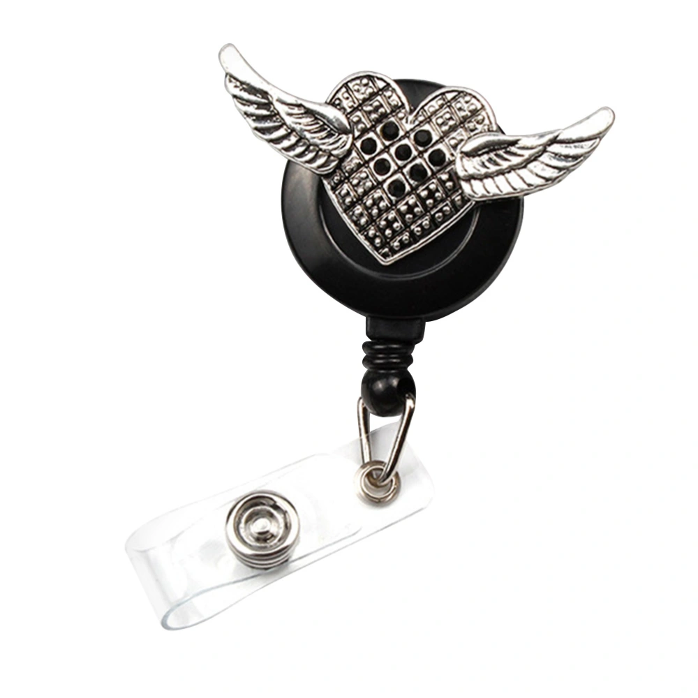 Retro Wing Shaped Round Rhinestone Clips ID Sleeve Telescopic Buckle Retractable ID Badge Reel Clips Easy Pull Buckle Clip (Black)