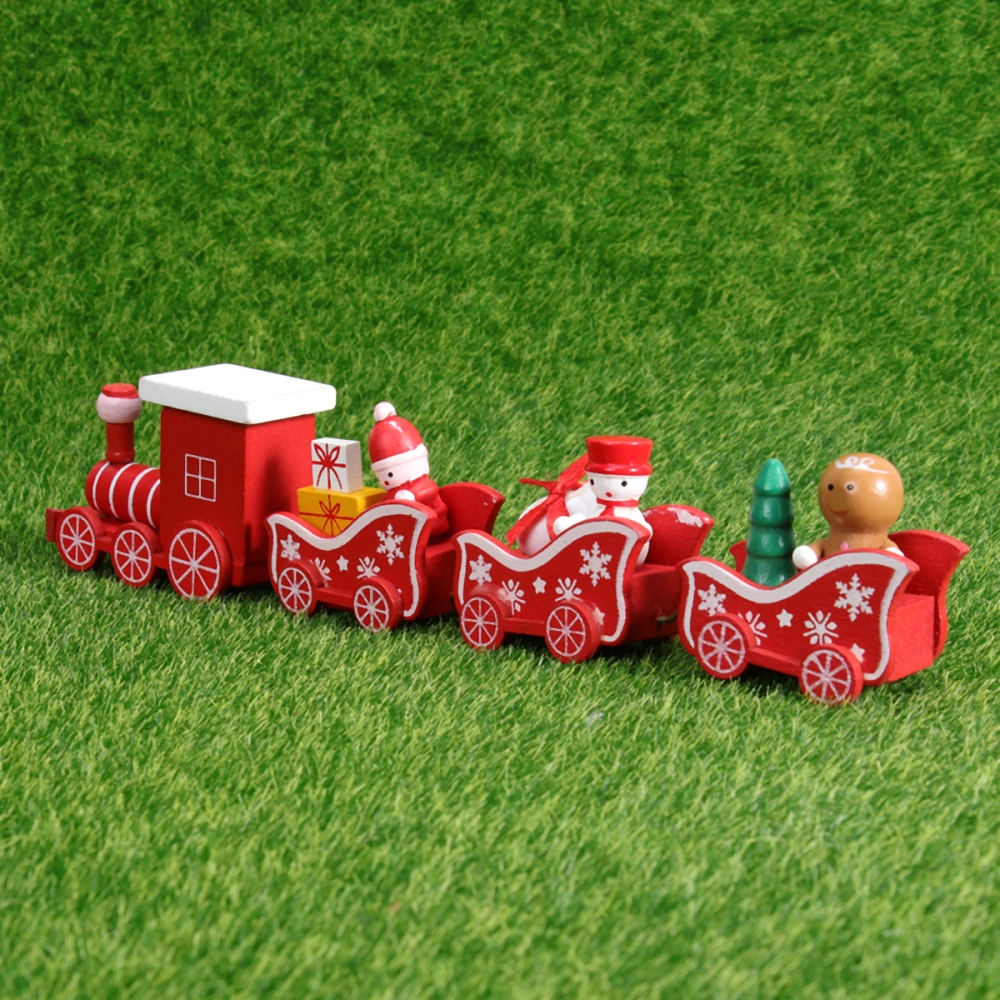 Christmas Wooden Train Gift Creative Wood Desktop Adornment Table Decoration Funny Children Toy for Home Party (Red)