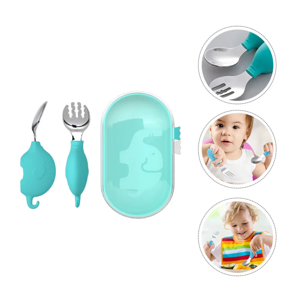 1 Set Children Tableware Spoon Fork Baby Practicing Spoon Tableware (Blue)