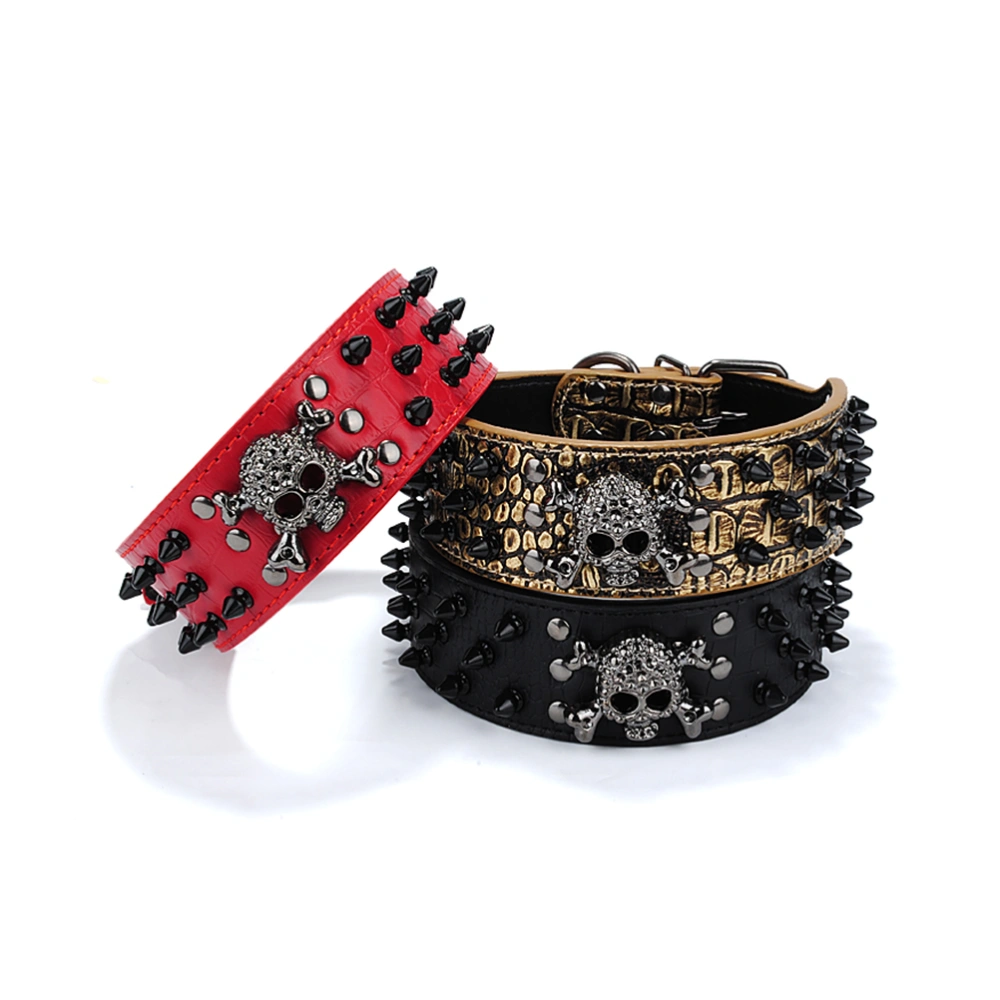 Skull Style Round Spike Studded PU Adjustable Pet Dog Puppy Safety Collar - Size M (Golden Brown)