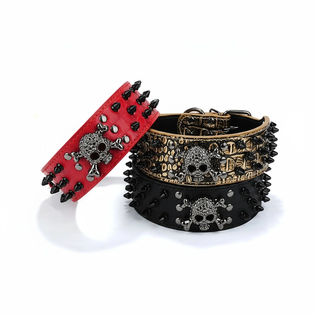 Skull Style Round Spike Studded PU Adjustable Pet Dog Puppy Safety Collar - Size M (Golden Brown)