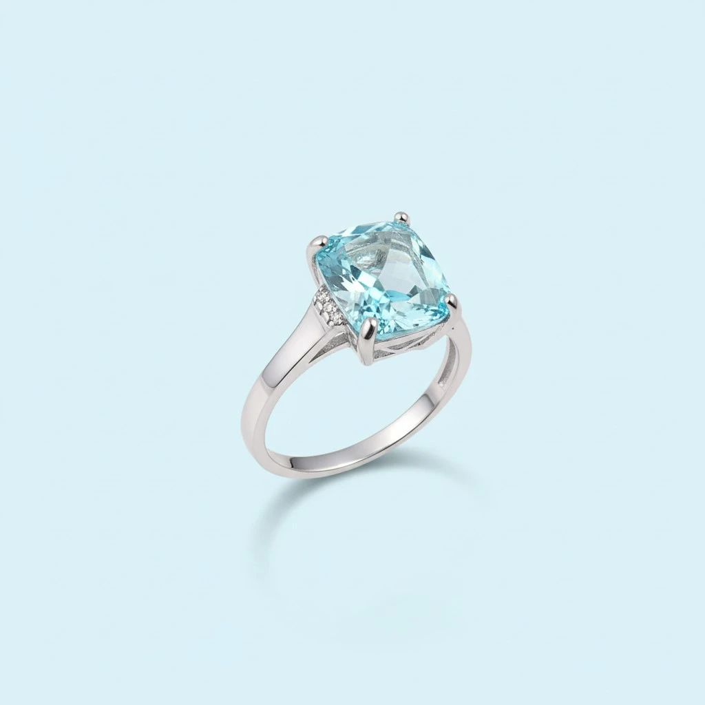 Women Luxury Topaz Ring Light Blue Stone Finger Ring Jewelry for Engagement Wedding (Size 8)