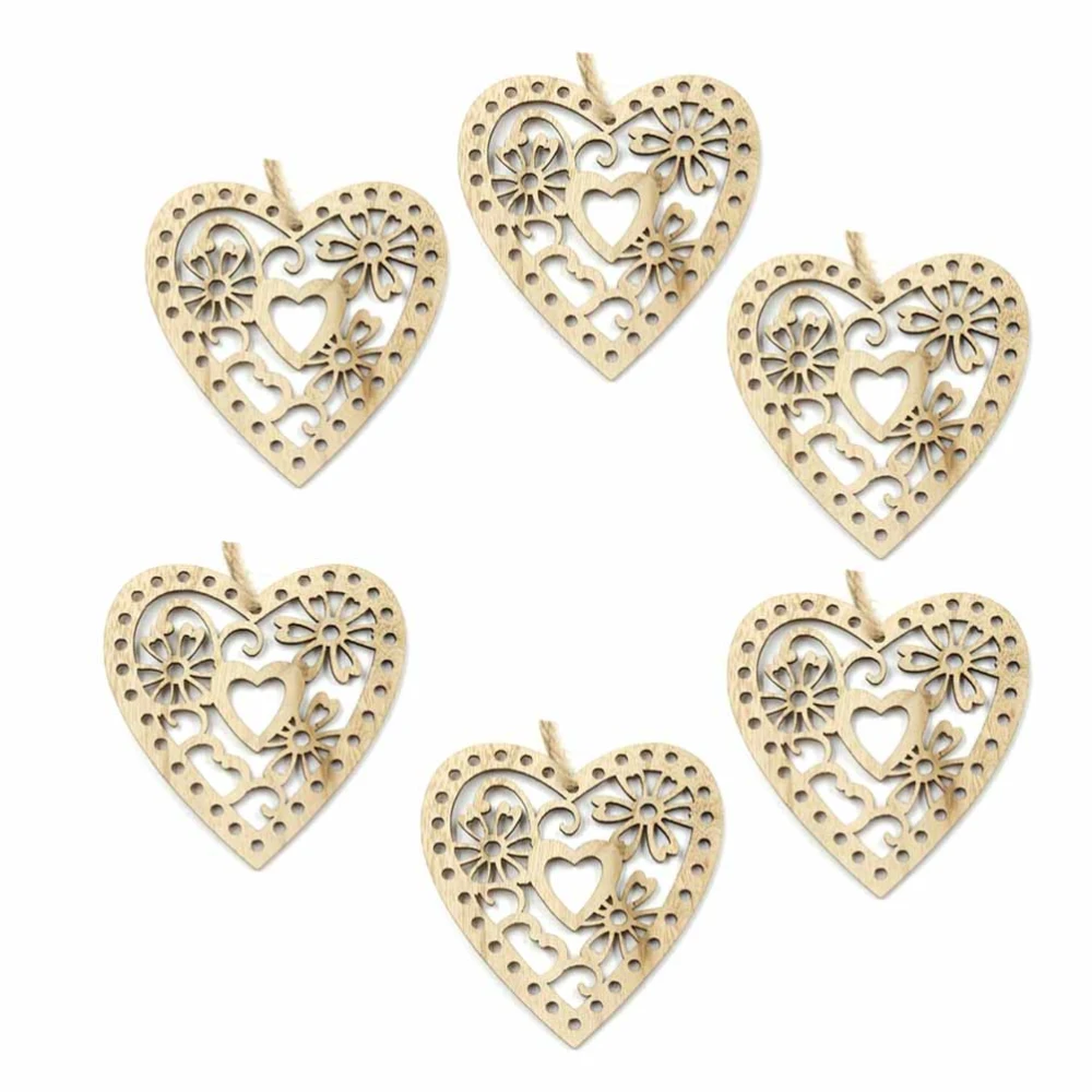 6PCS Heart Shape Hollowed Wooden Pendant Christmas Romantic Slices Hanging Ornament for Christmas Party Wedding