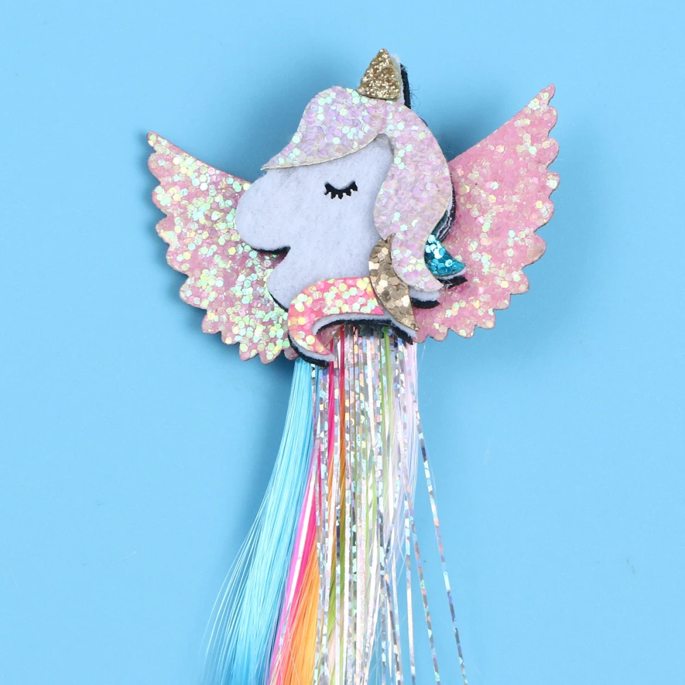 2 pcs Unicorn Design Color Gradient Wig Straight Hair Piece Bow Hairpin for Children (Flying Horse Style)