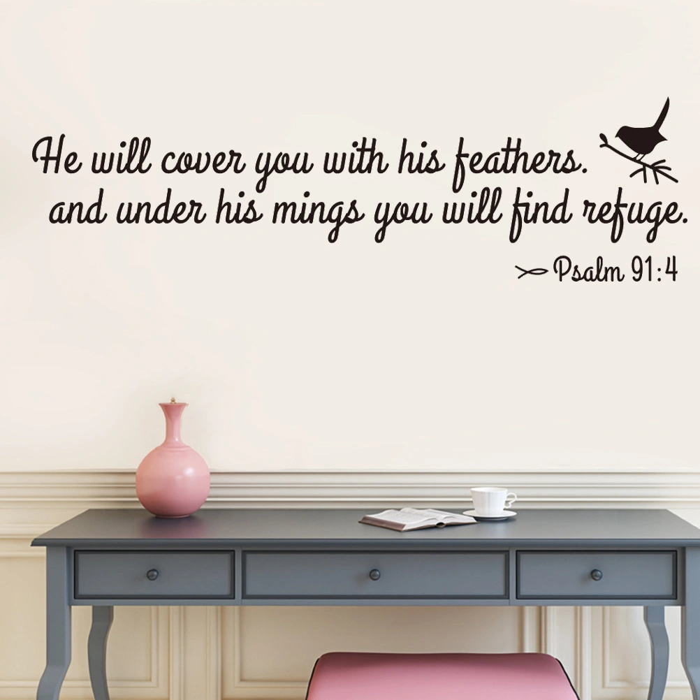 He Will Cover You With His Feathers Bible Verses Scripture Psalm 91:4 Vinyl Stickers Bedroom Decor 17.5x62cm