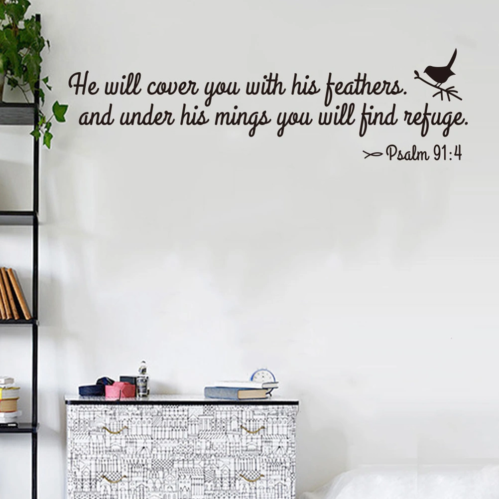He Will Cover You With His Feathers Bible Verses Scripture Psalm 91:4 Vinyl Stickers Bedroom Decor 17.5x62cm