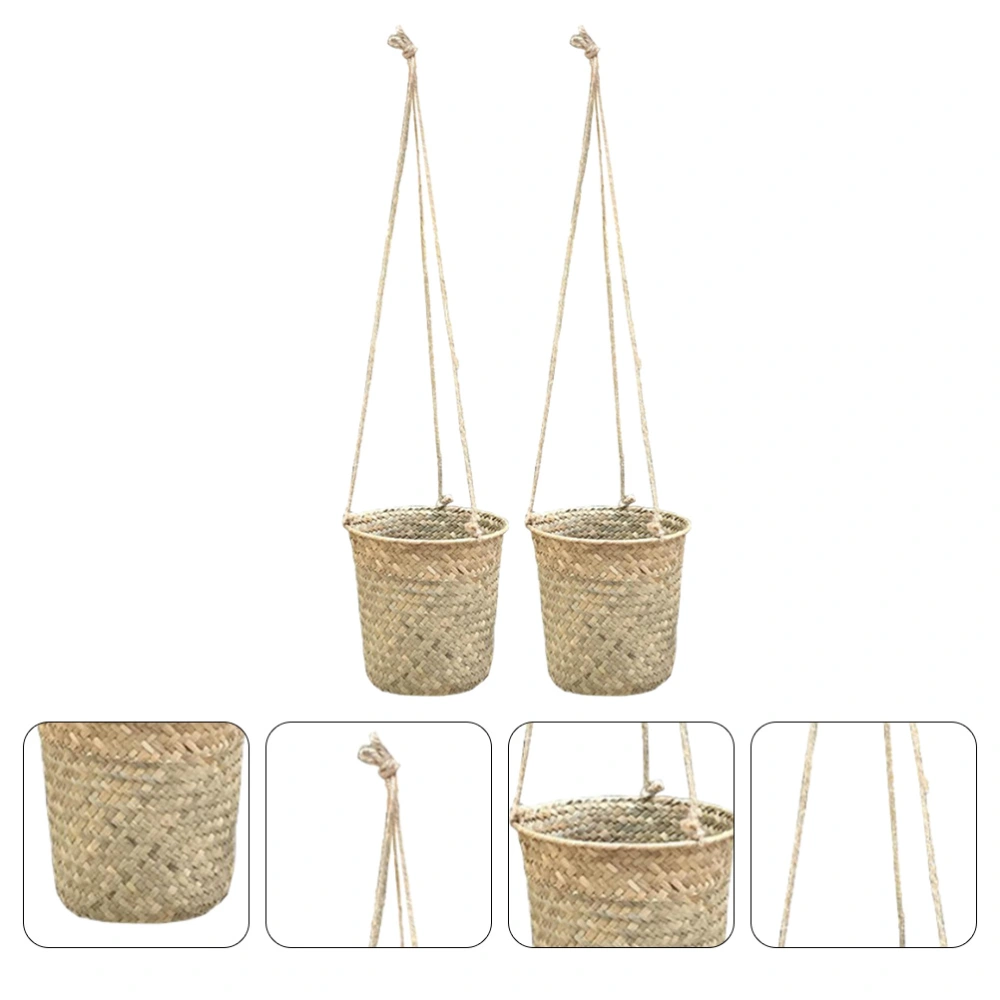 2pcs Hand-woven Straw Flower Basket Rattan Woven Flower Arrangement Vase