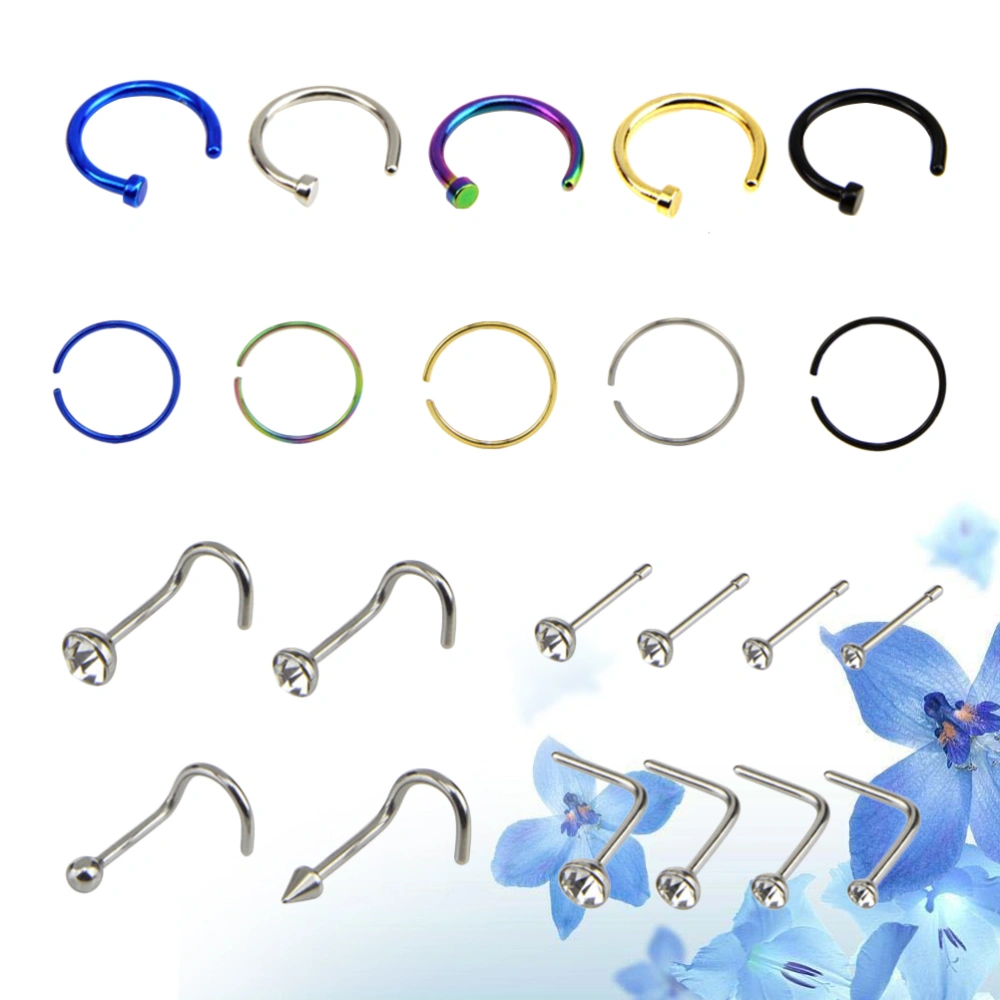 22PCS Stainless Steel Nose Ring Piercing Body Jewelry C Shape and 7 Shape Nostril Nose Hoops Piercing Decor Set