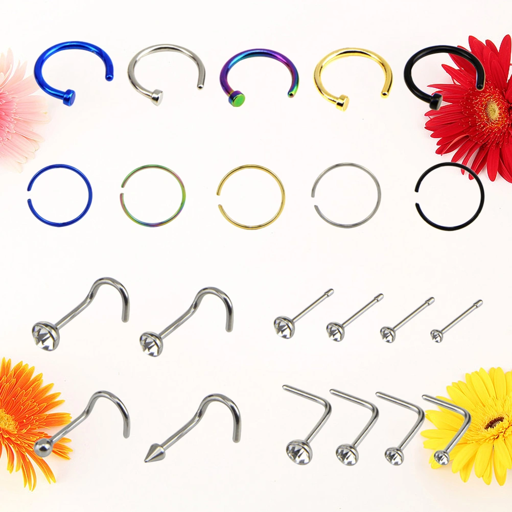 22PCS Stainless Steel Nose Ring Piercing Body Jewelry C Shape and 7 Shape Nostril Nose Hoops Piercing Decor Set