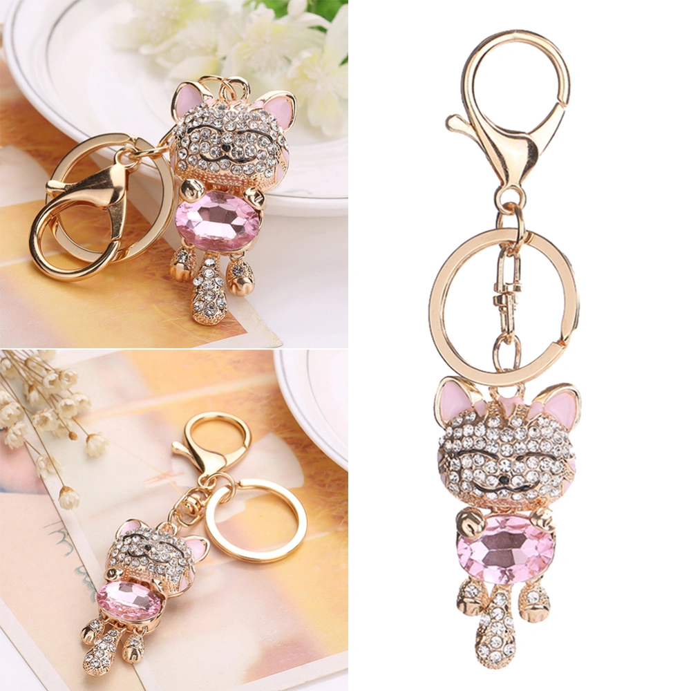 Creative Diamond-encrusted Key Ring Cat Shaped Charm Keychain Bag Pendant Jewelry Accessories Car Decoration (Pink)